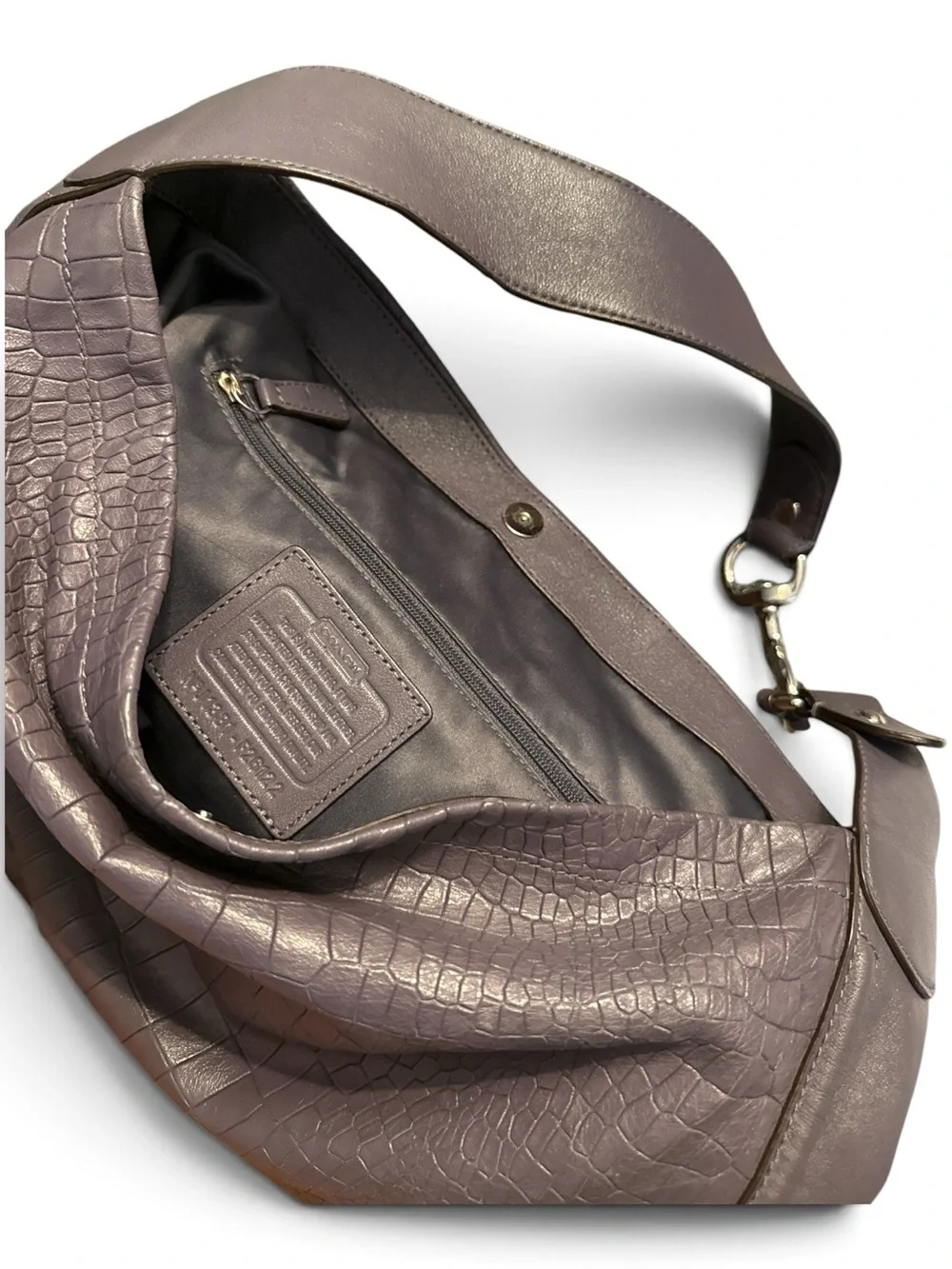 Coach Dark Brown Croc-Embossed Leather Shoulder Bag with Tassel